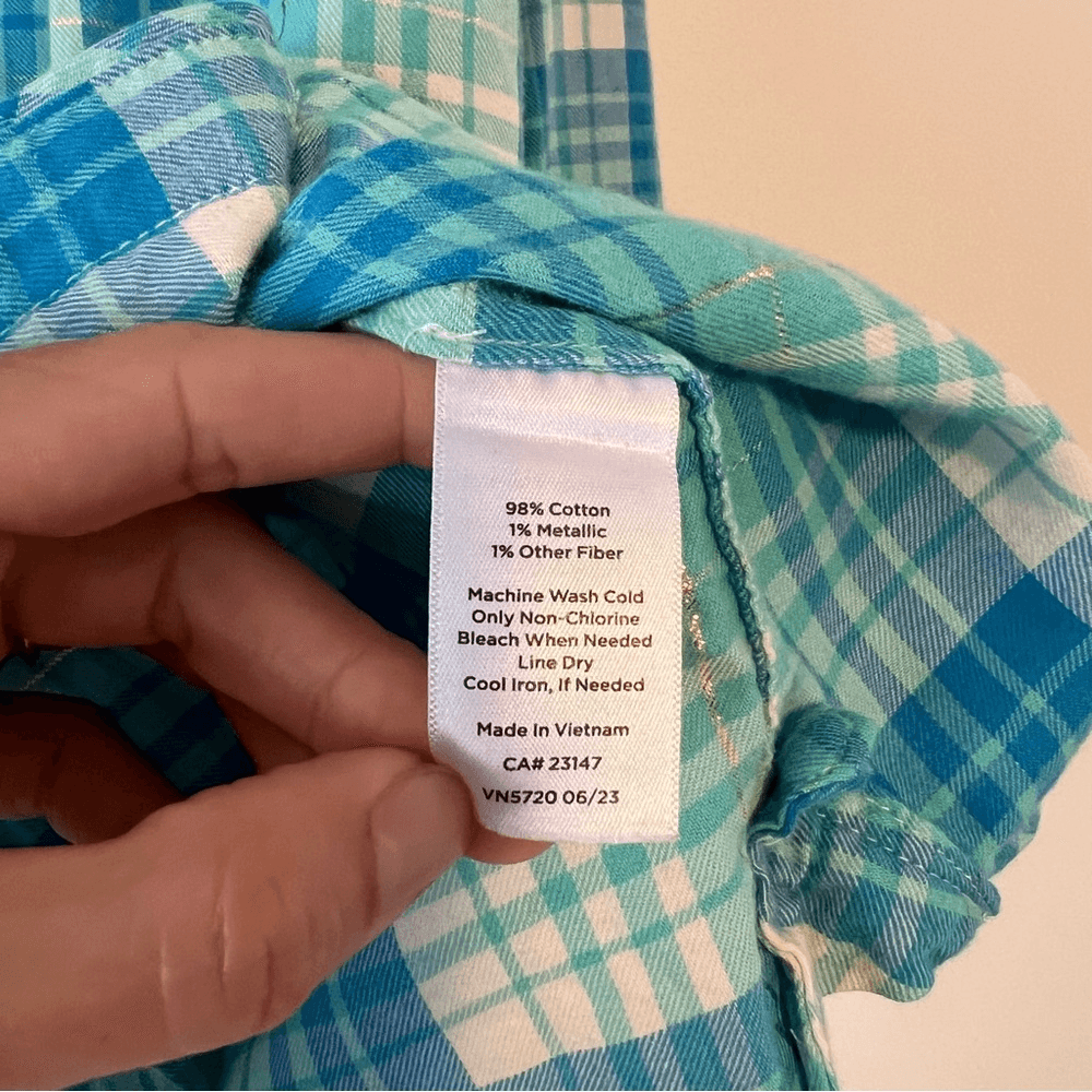 Talbots Cotton Button Front Shirt - Ornament Plaid Metallic in Blue Size 1X