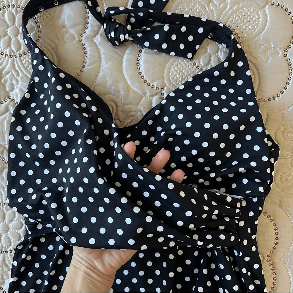 Lands End Polka Dot Halter Tankini Top Size 10 in Black and White