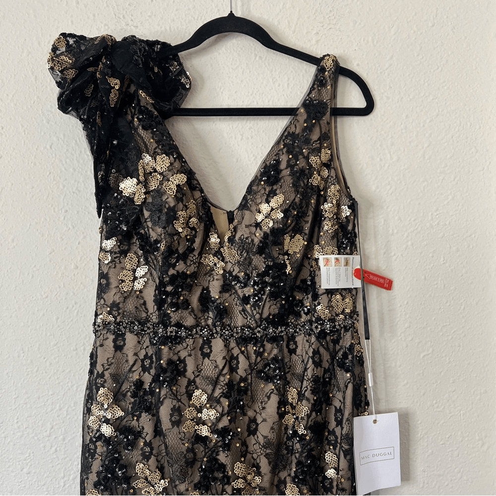 Mac Duggal Floral Embellished V-Neck Midi Dress With Shoulder Bow NEW Size 12