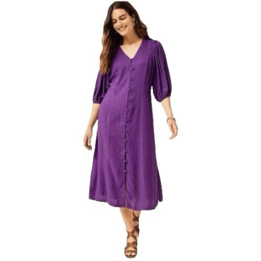 J.Jill Purple Button Front Linen Blend Midi Dress Puff Sleeve Size Large