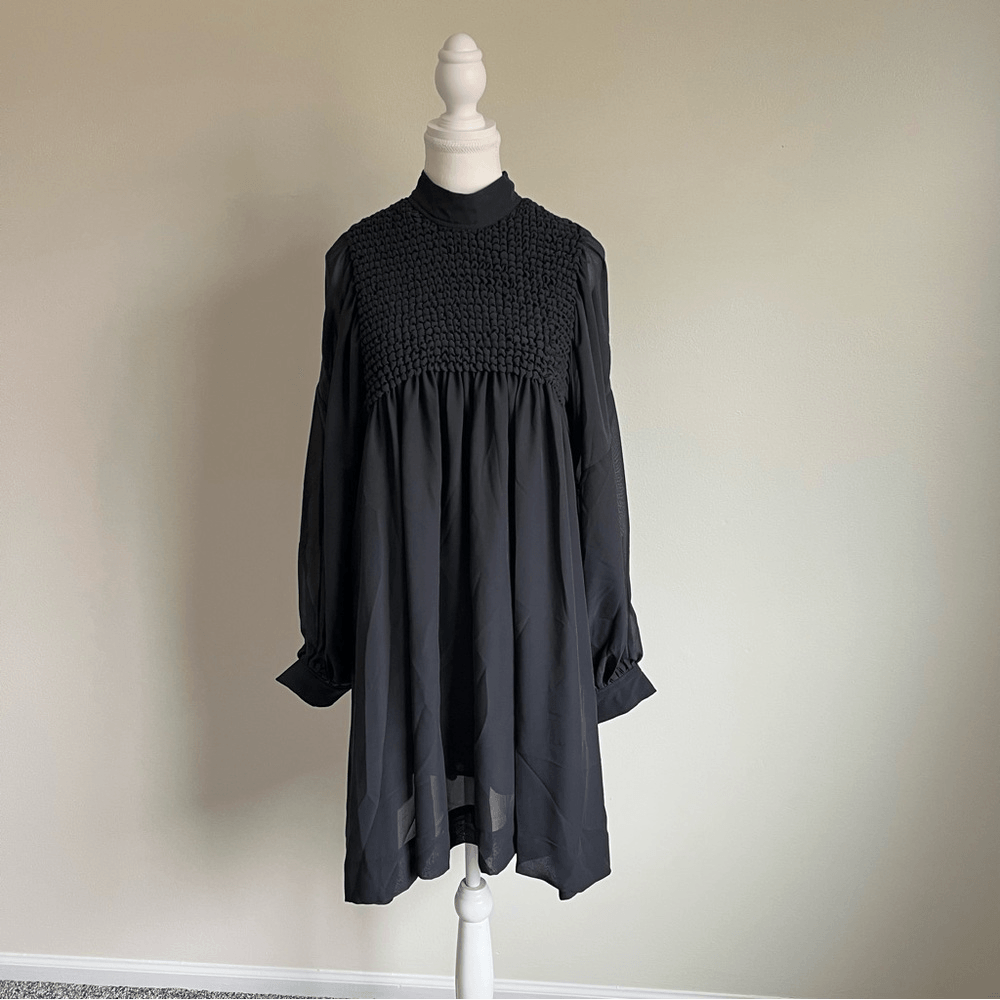 GANNI Smocked Bib Long Sleeve Chiffon Mini Dress NEW EU 42 (US 10/12)