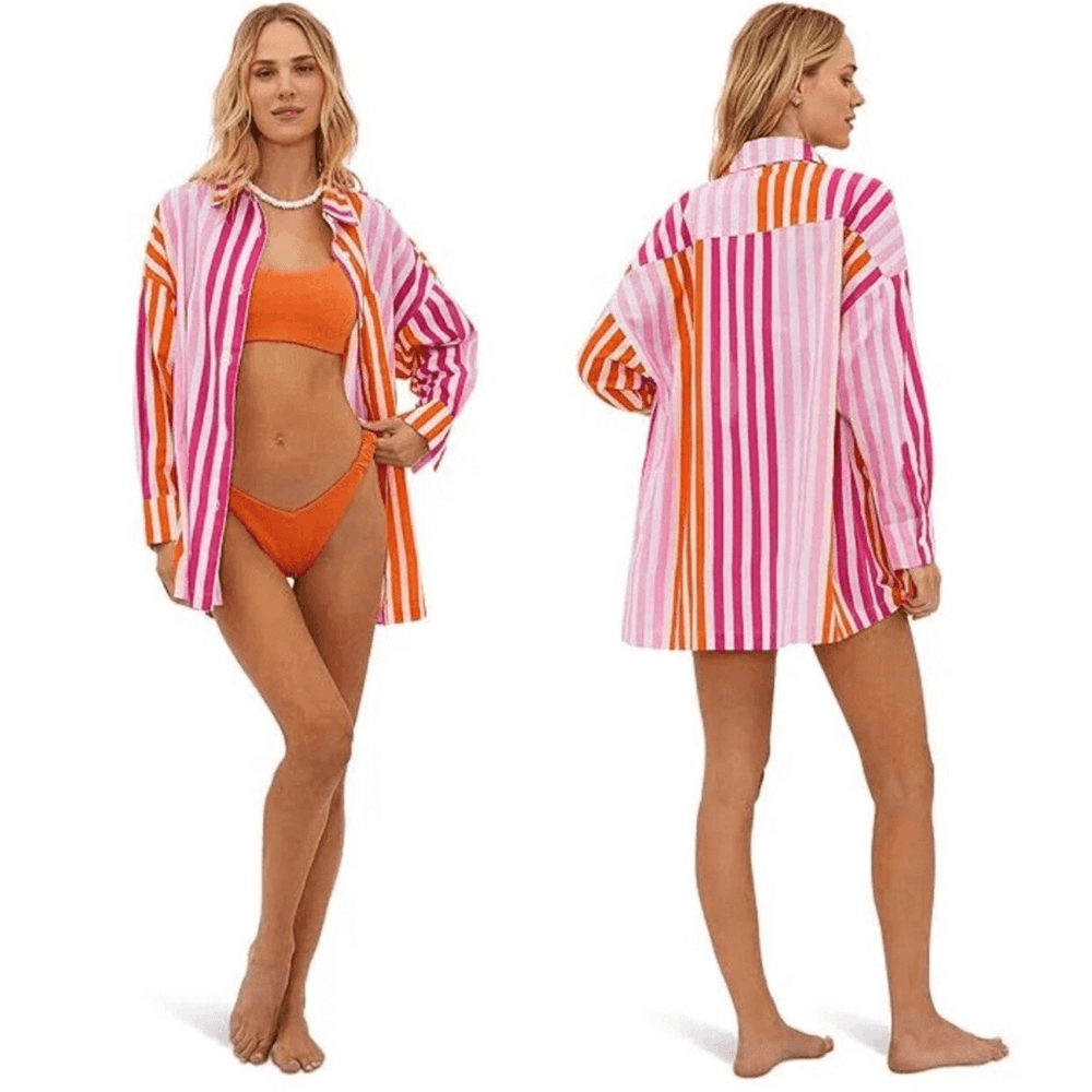 Beach Riot Alexa Striped Button Down Shirt Coverup Size S/M Pink Orange