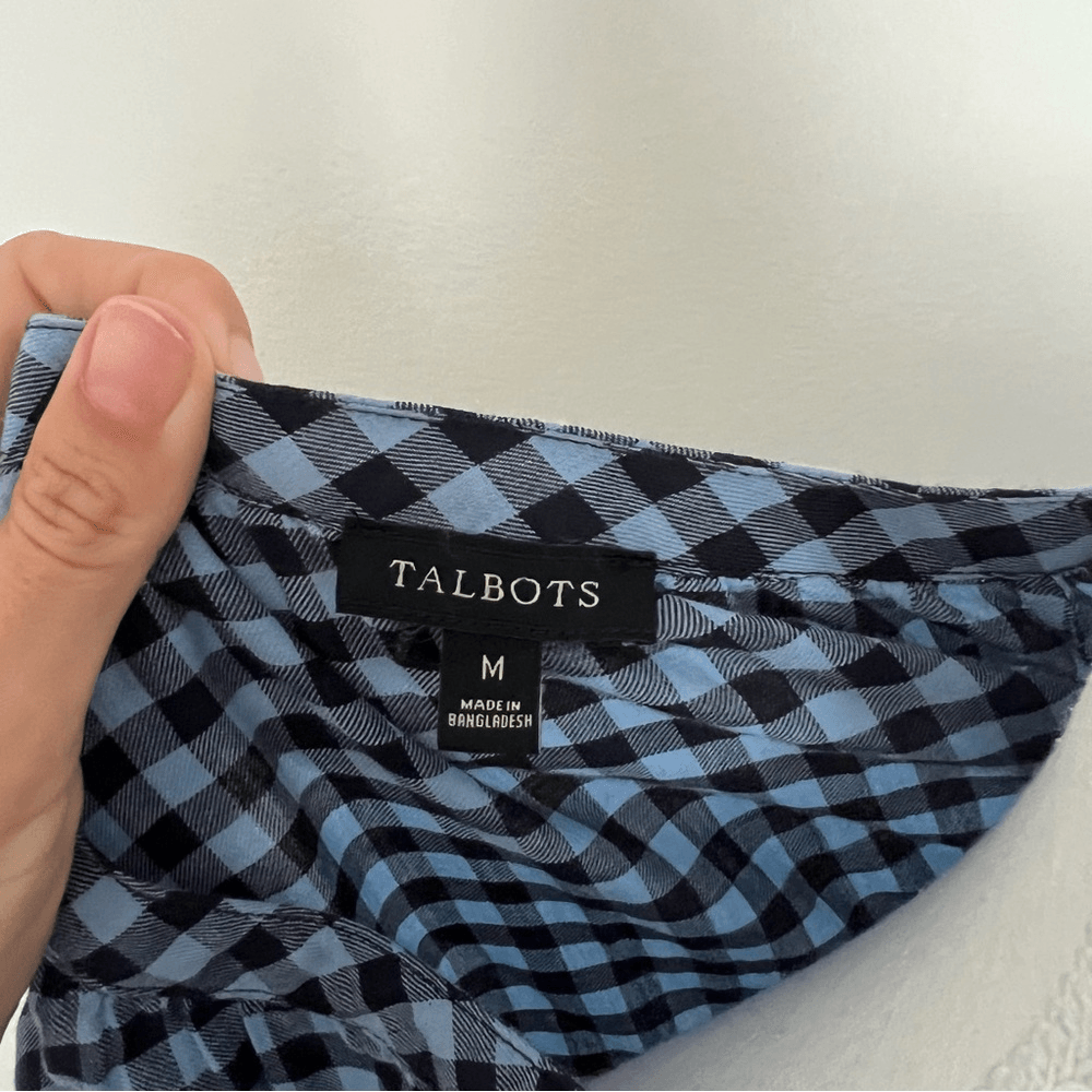 TALBOTS Blue Gingham Check Pullover Blouse Top Lon Sleeve Size Medium