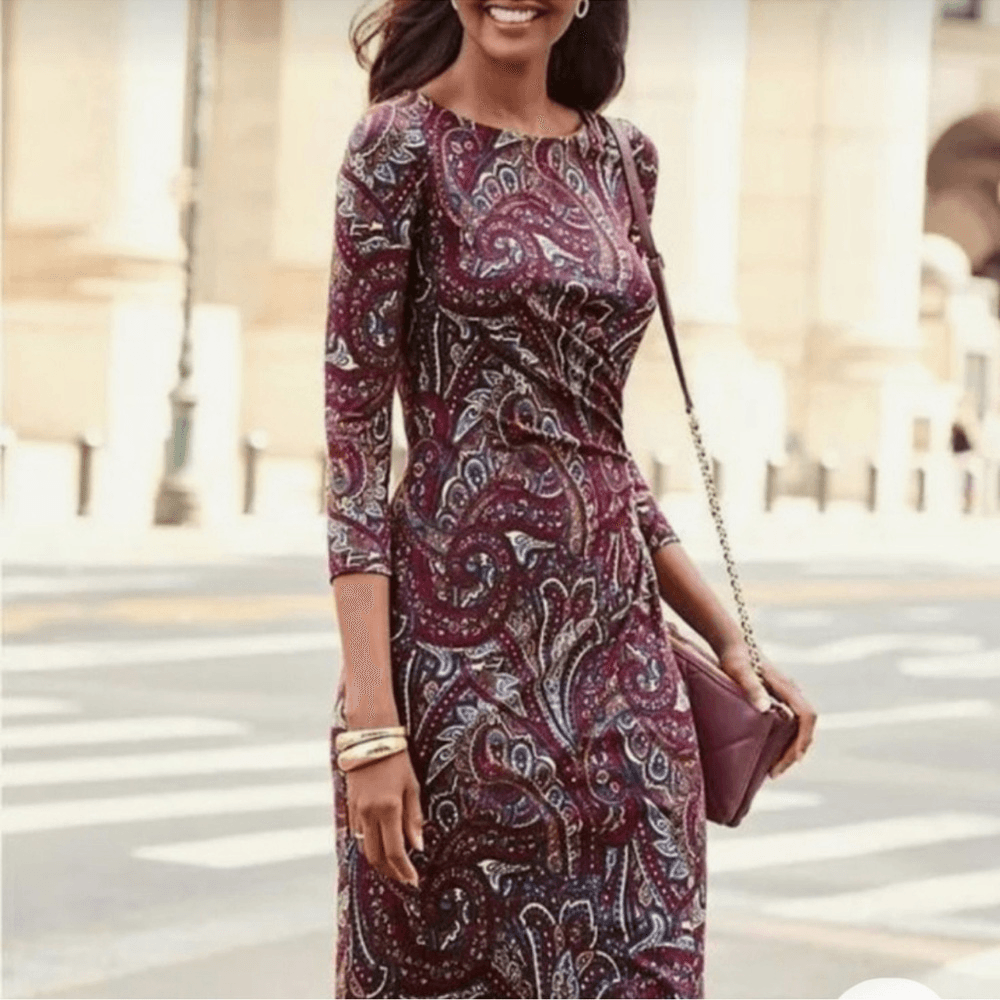 Talbots Printed Faux Wrap Dress Size Large 3/4 Sleeve Stretch Jersey