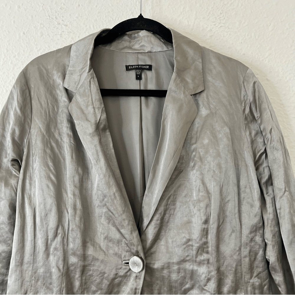 Eileen Fisher Steel Satin Long Blazer Jacket Size Large