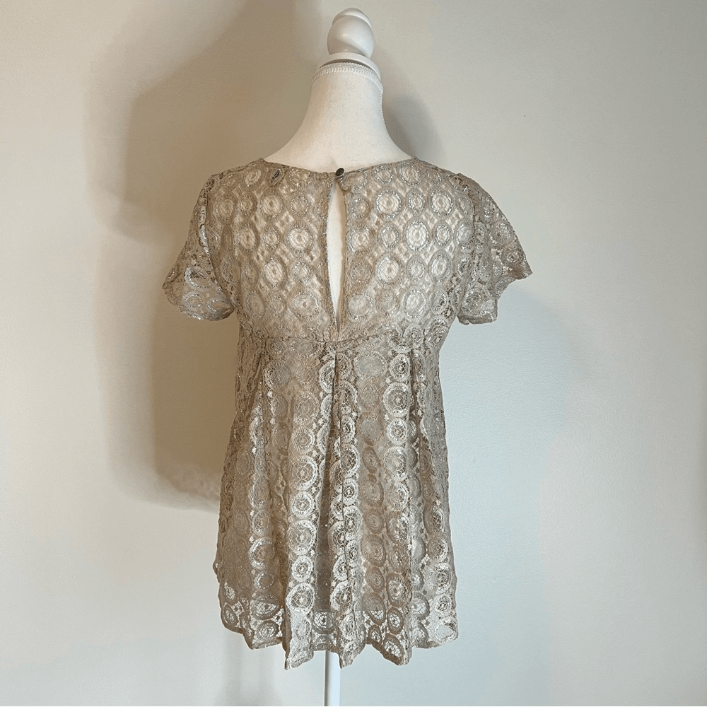 Anthropologie Akemi & Kim Metallic Lace Blouse Size Small Short Sleeve