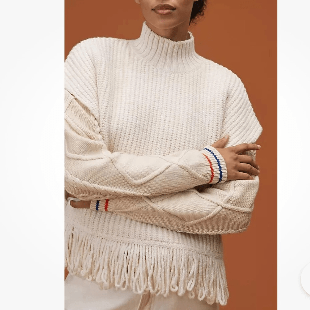 Anthropologie Fringed Mock Neck Ivory Sleeveless Sweater Vest Size Large