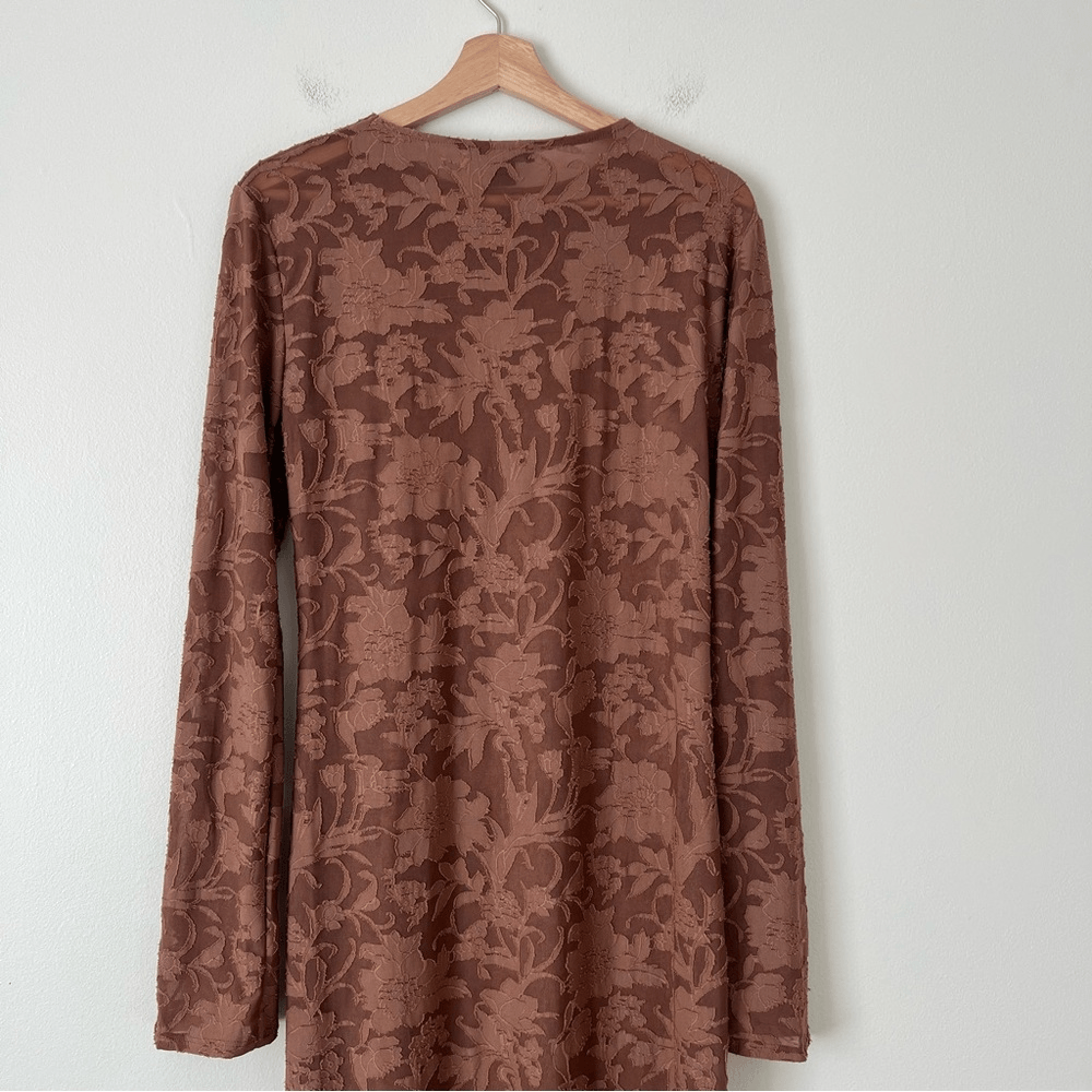 Pretty Little Thing Mocha Floral Sheer Burnout Maxi Dress Long Sleeve NEW Sz 12