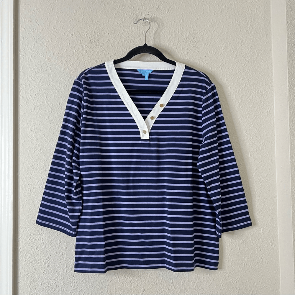 Draper James V-Neck Puff Sleeve Shirt in Nassau Navy Mariner Stripe Size XL