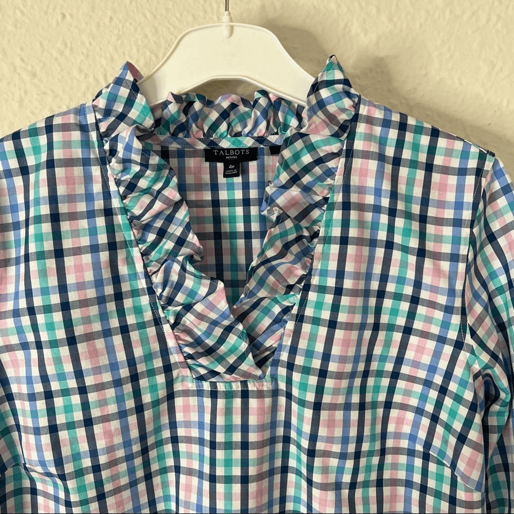 Talbots Ruffle Neck Gingham Shirt Blouse Size 4 Petites