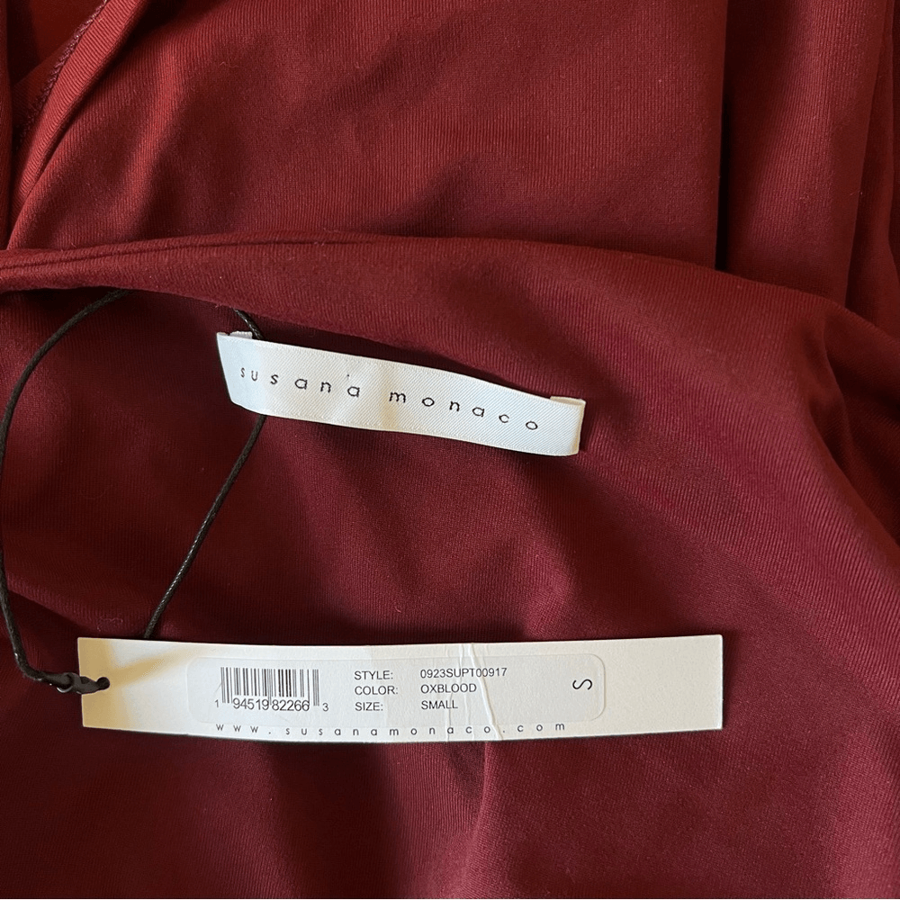 NEW Susana Monaco Bell Sleeve Square Neck Top Size Small in Vine / Burgundy