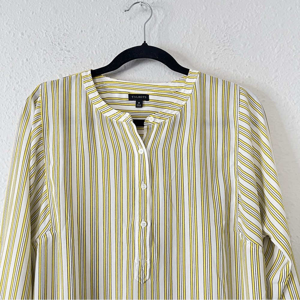 Talbots Stripe Shirt Popover Tunic Blouse Top Size Medium Long Sleeve Yellow