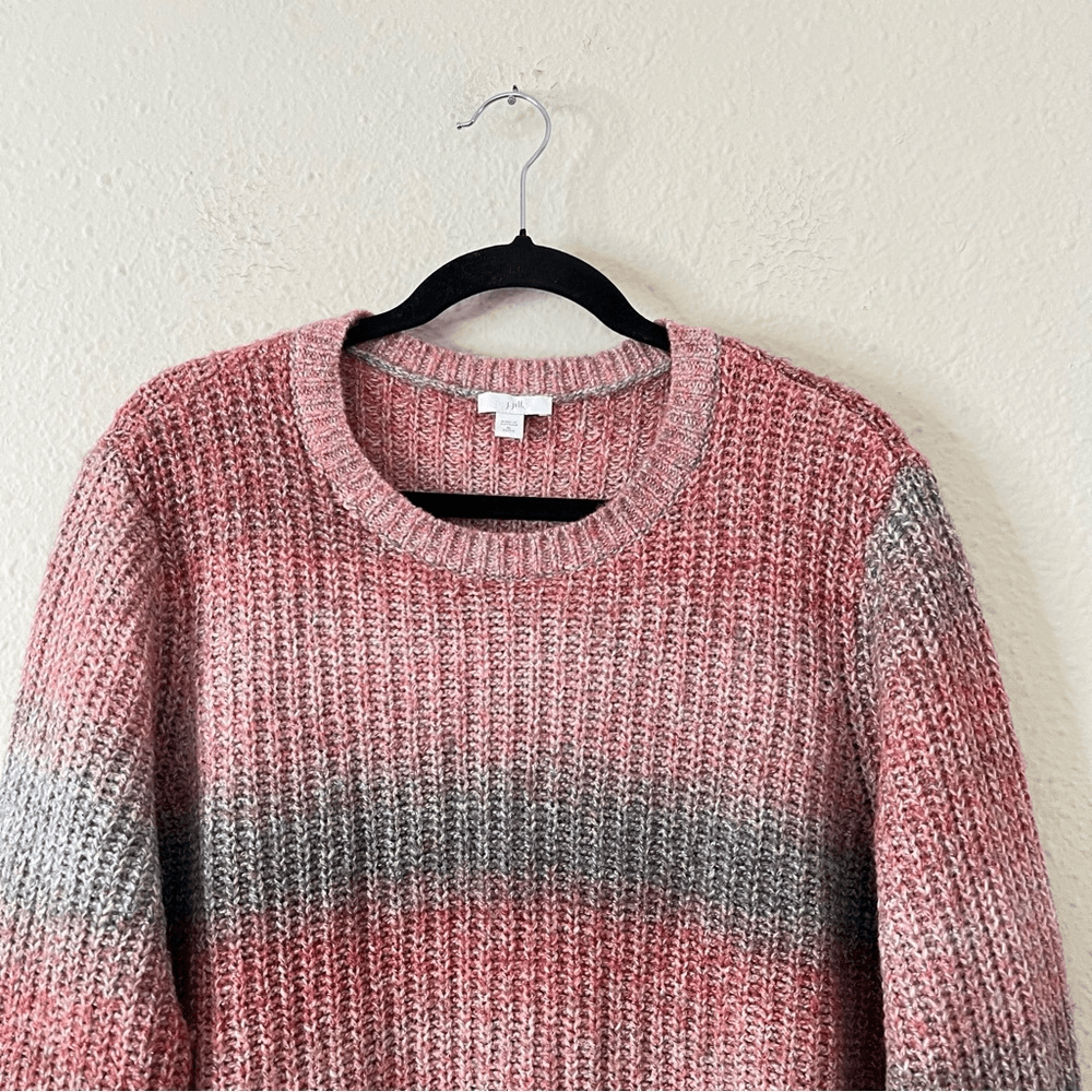 J. Jill Ombre Stripe Crewneck Sweater Wool Blend Size XL Petite Pink Gray Chunky