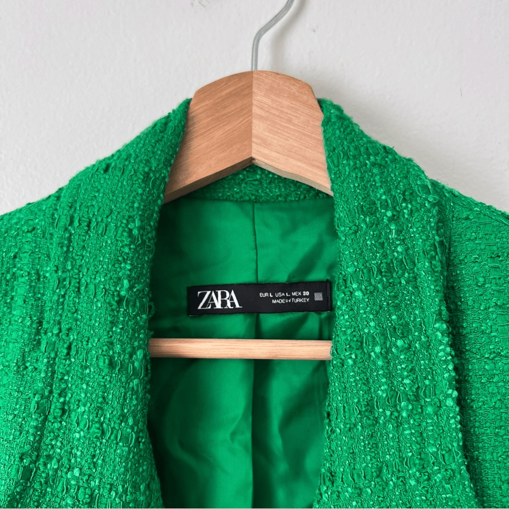 Zara Tweed Oversized Blazer Textured Double Breasted Size Large in Green Blogger