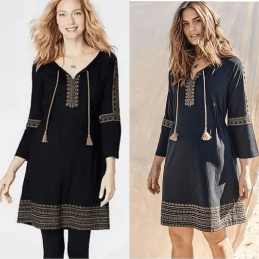 J. Jill Embroidered Peasant Mini Dress in Black and Gold Size Medium