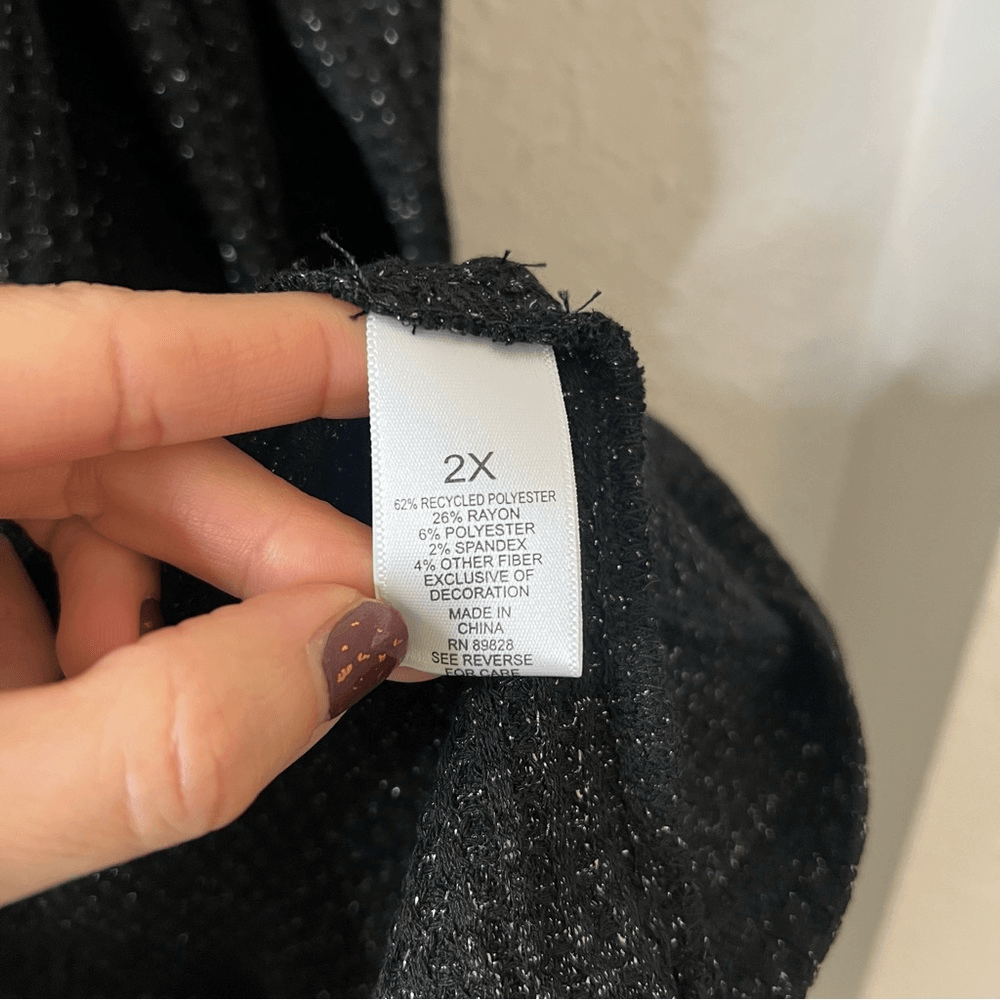 LOGO Lori Goldstein Black Metallic Waffle Knit Lace Top Pockets Stretchy Size 2X