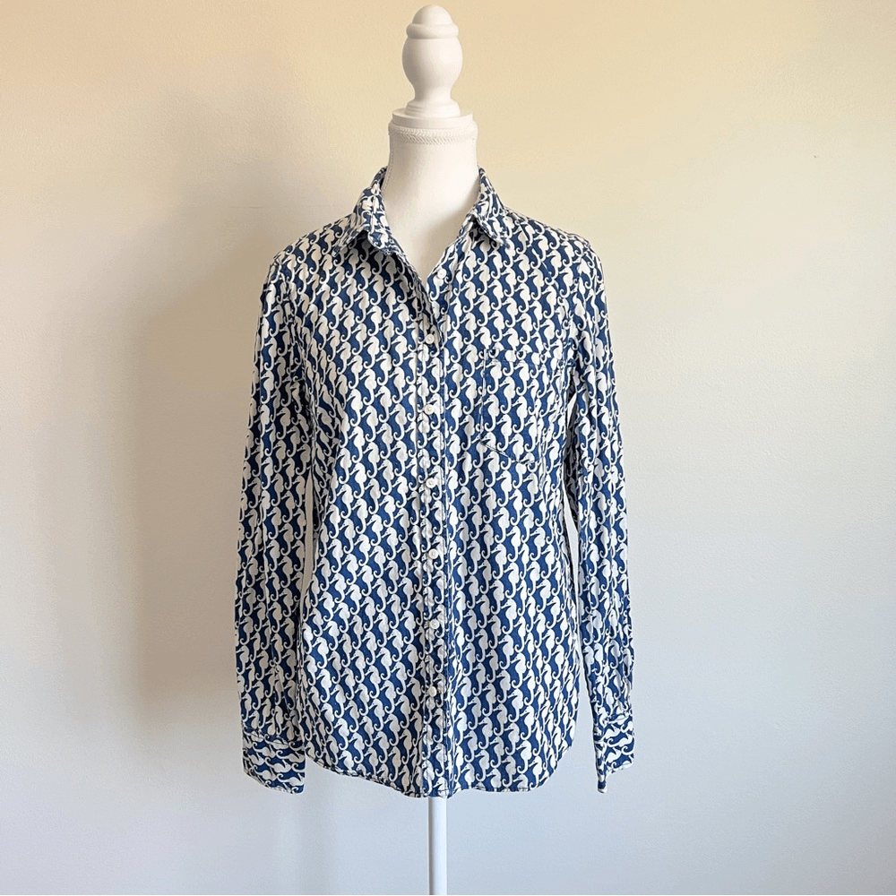 J. Crew Seahorse Linen Blend Button Down Boy Shirt Size 6 Nautical