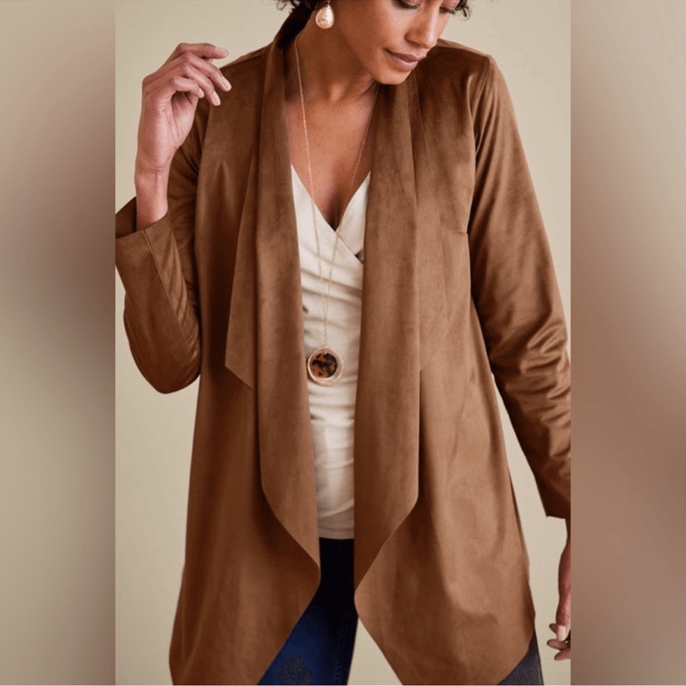 Soft Surroundings Shape Drape Faux Suede Brown Jacket Cardigan Size XS NWOT