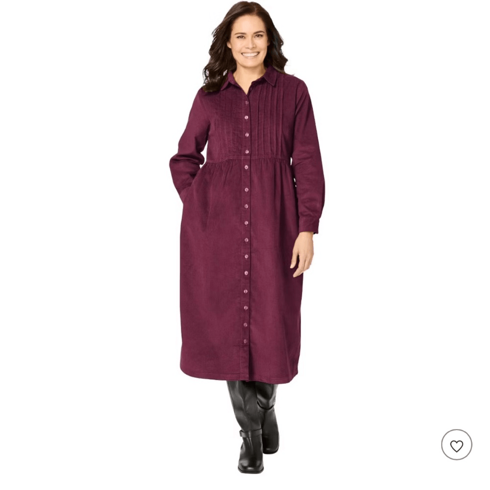 Woman Within Button Front Corduroy Midi Dress Size 16W Petite Purple Long Sleeve