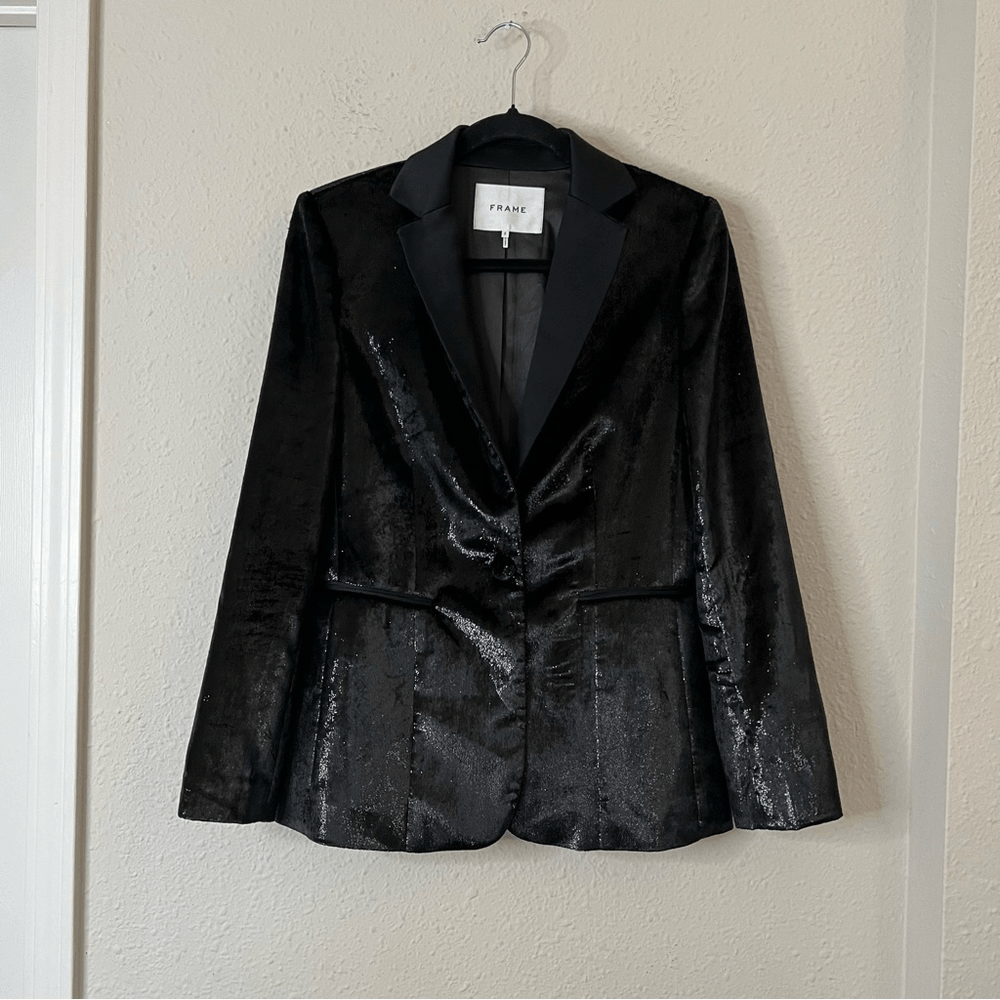 FRAME Black Metallic Velvet Satin Blazer Jacket Size 2 Party Cocktail