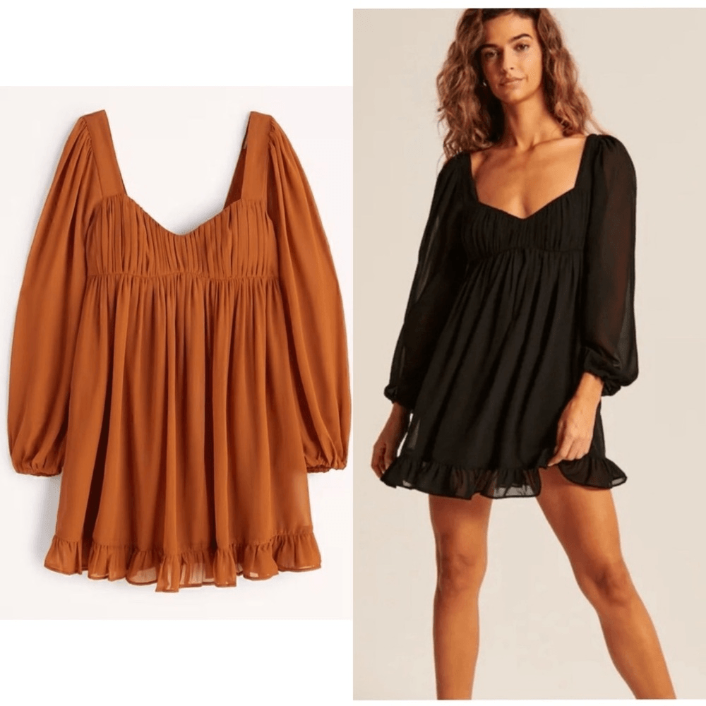 Abercrombie & Fitch Long-Sleeve Ruched Babydoll Mini Dress Size XLT Burnt Orange