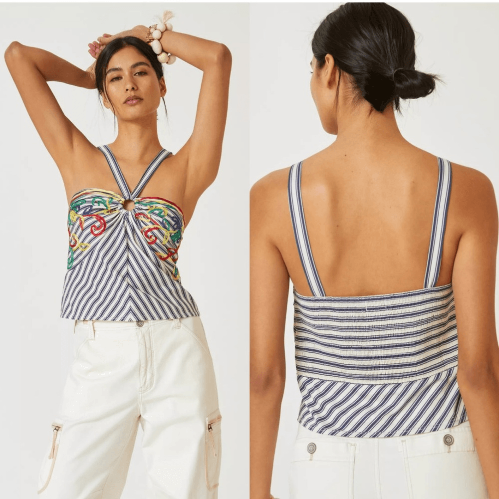 Anthropologie Tiny Avril Embroidered Striped Knit Halter Top Size Medium