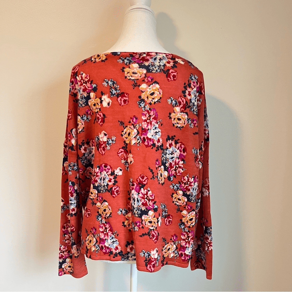Garnet Hill Merino Wool Floral Knit Blouse Top Sweater Size Large