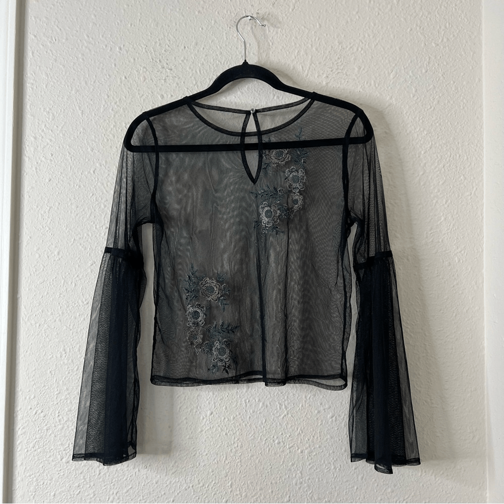 Embroidered Black Tulle Mesh Y2K Top Long Bell Sleeves 90s
