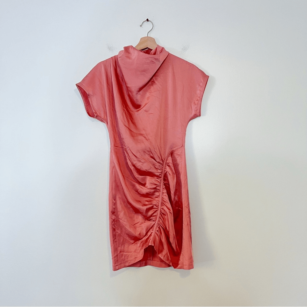Anthropologie Ruched Asymmetrical Satin Mini Dress NEW Size 2 in Coral Pink