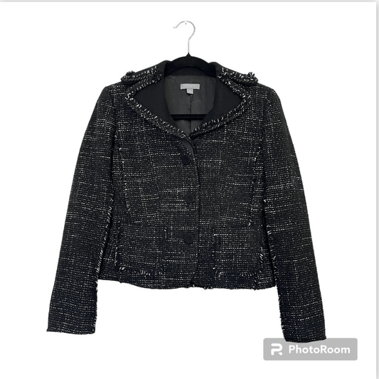 Ann Taylor Wool Blend Tweed Black Fringed Blazer Jacket Size 2 Petites