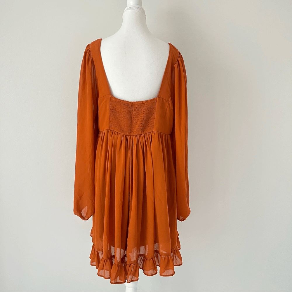 Abercrombie & Fitch Long-Sleeve Ruched Babydoll Mini Dress Size XLT Burnt Orange