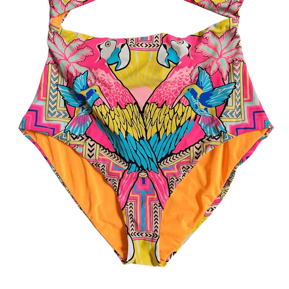 Mara Hoffman Parrot Tropical One Piece Swimsuit Size Large Cutout Pink Yellow