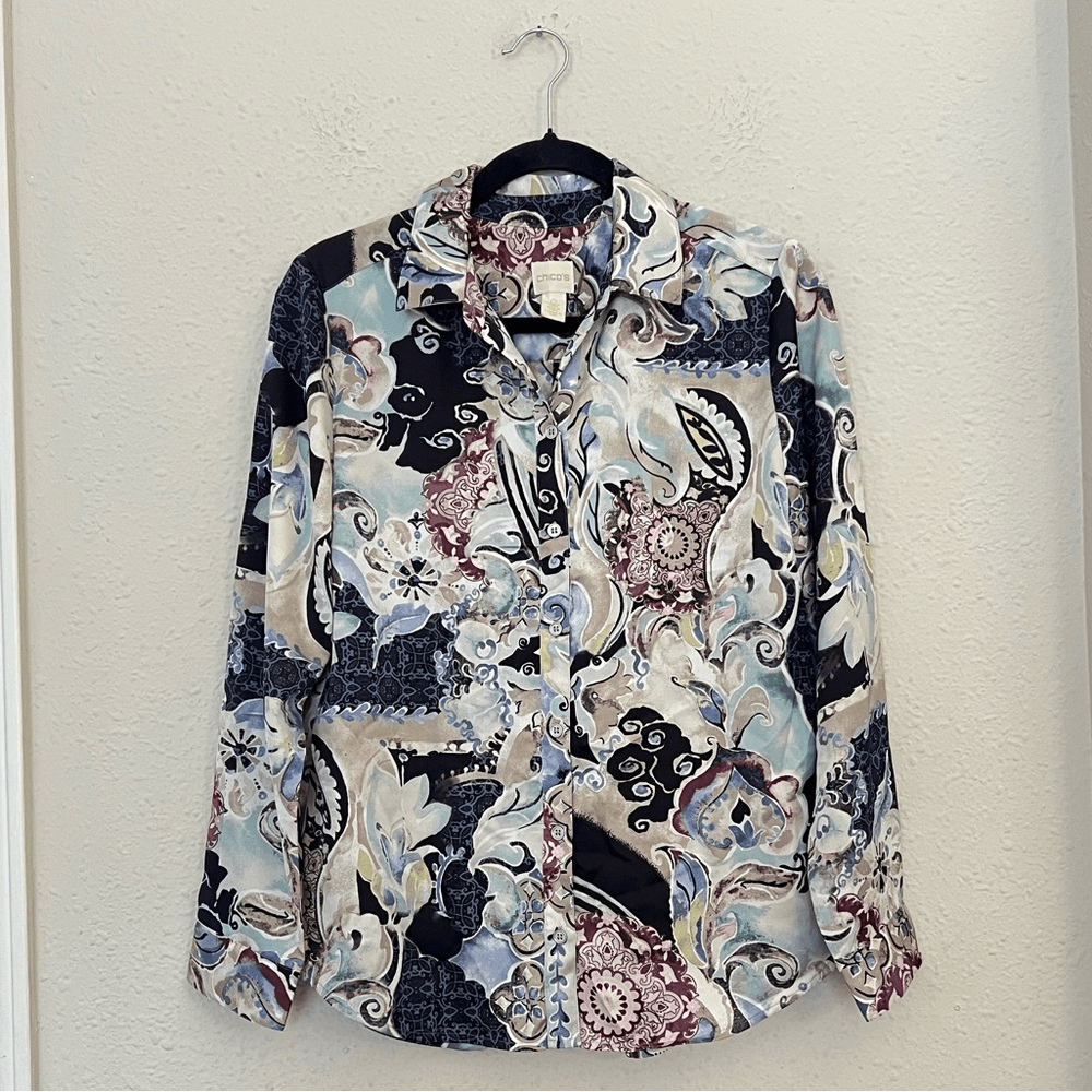 Chicos Mystic Mix Geneva BoHo Silky Shirt Blouse Button Down Paisley Size Small