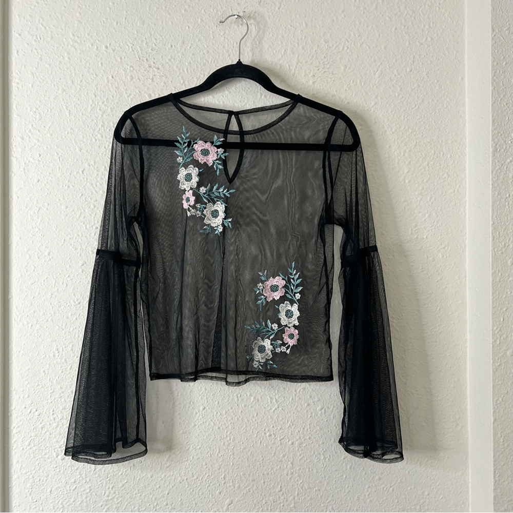 Embroidered Black Tulle Mesh Y2K Top Long Bell Sleeves 90s