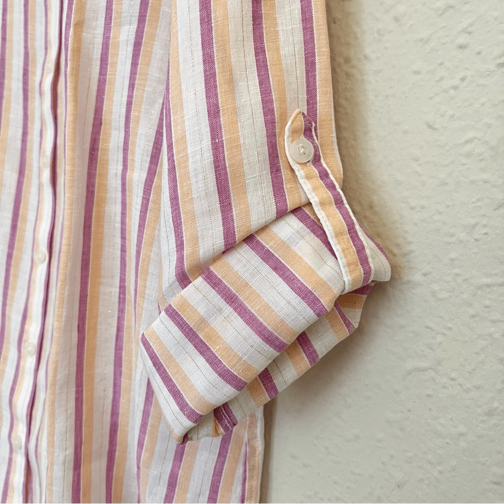 Chico’s Linen Metallic Striped Roll-Tab Button Front Shirt NEW Size 1