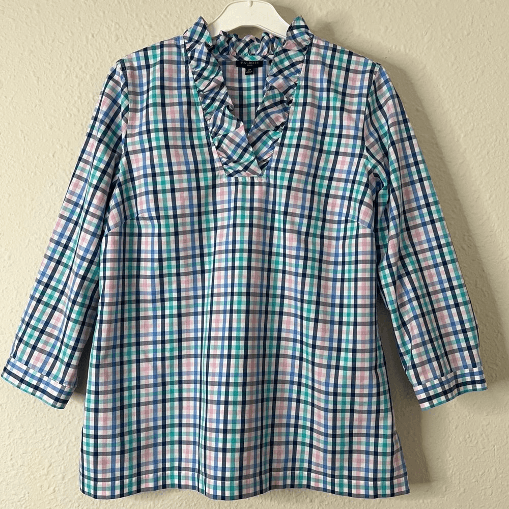 Talbots Ruffle Neck Gingham Shirt Blouse Size 4 Petites