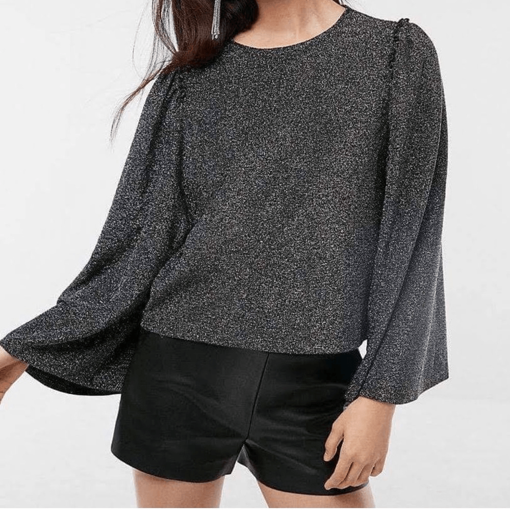 Express Sparkling Silver Metallic Bell Puff Sleeve Blouse Top Size Medium