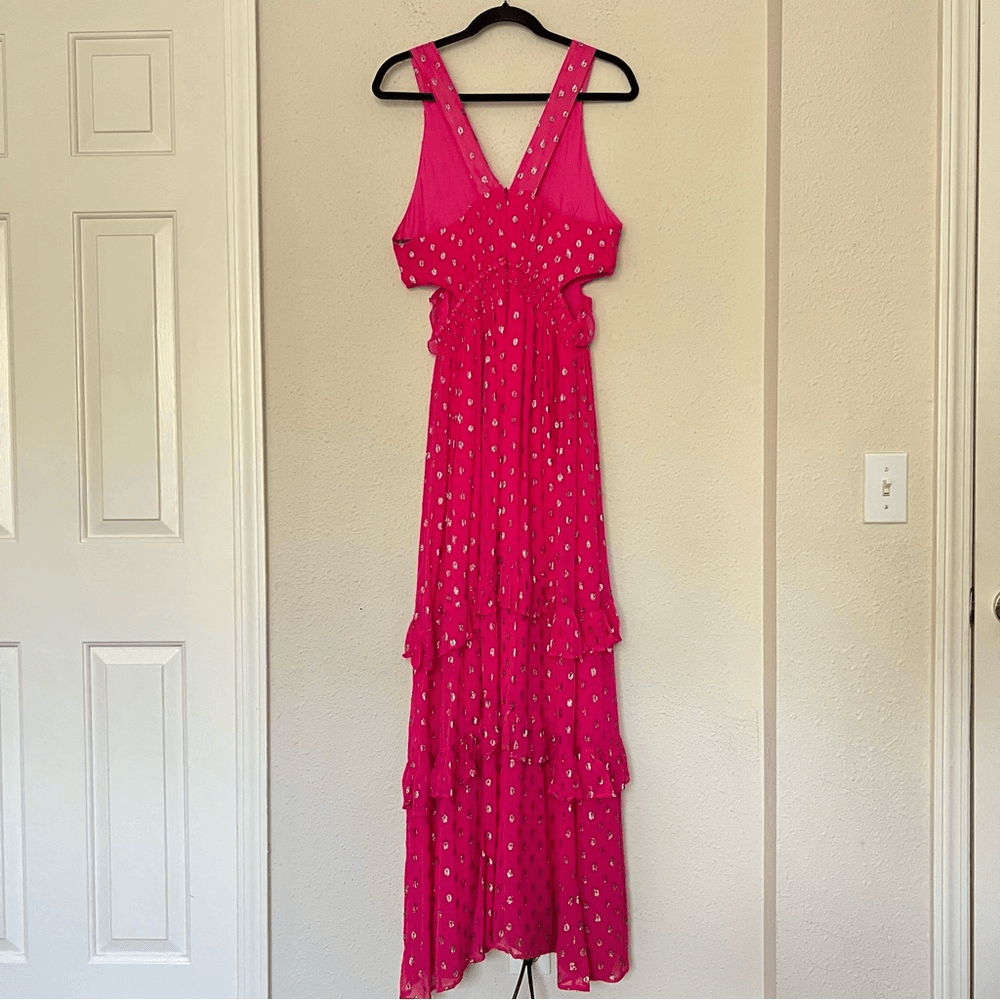 En Creme Pink Metallic Ruffled Maxi Dress Size Medium NEW