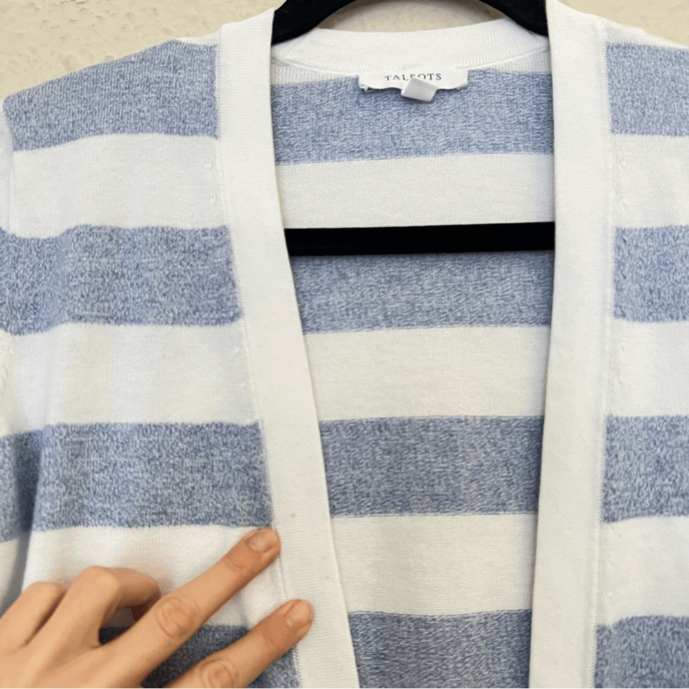 Talbots Striped Blue White Marled Longline Duster Cardigan Pima Cotton Size SP
