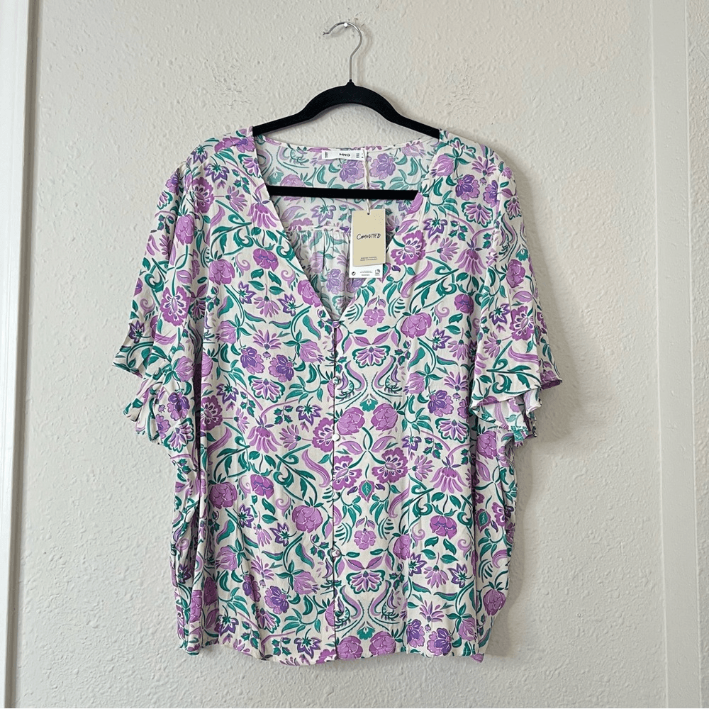 MANGO Flowy Floral Short Sleeve Blouse NEW Size 18