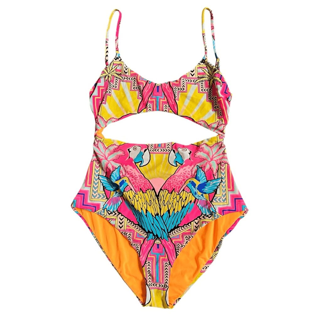 Mara Hoffman Parrot Tropical One Piece Swimsuit Size Large Cutout Pink Yellow