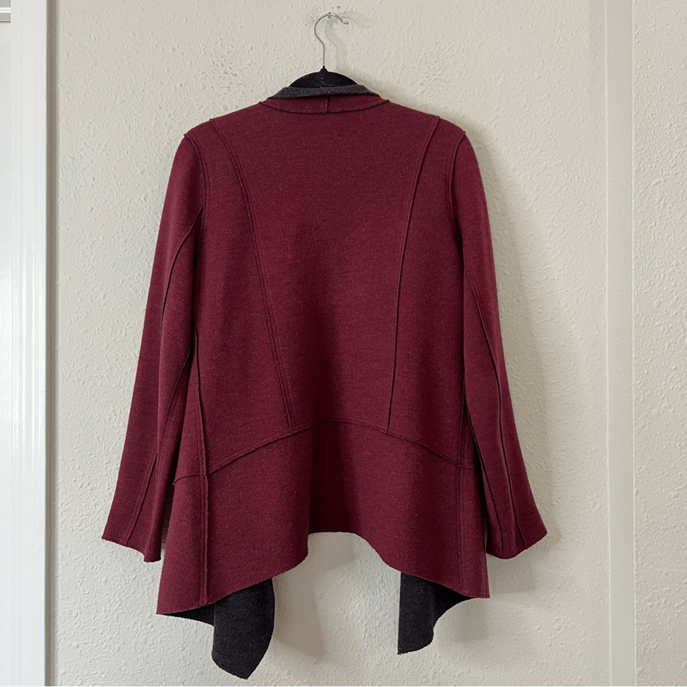 Eileen Fisher Burgundy Structured Moto Long Jacket Cardigan Medium Merino Wool