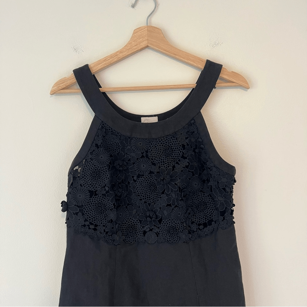 Anthropologie Postmark Oleander Blk Cotton Linen Floral Lace Sheath Dress Size 6