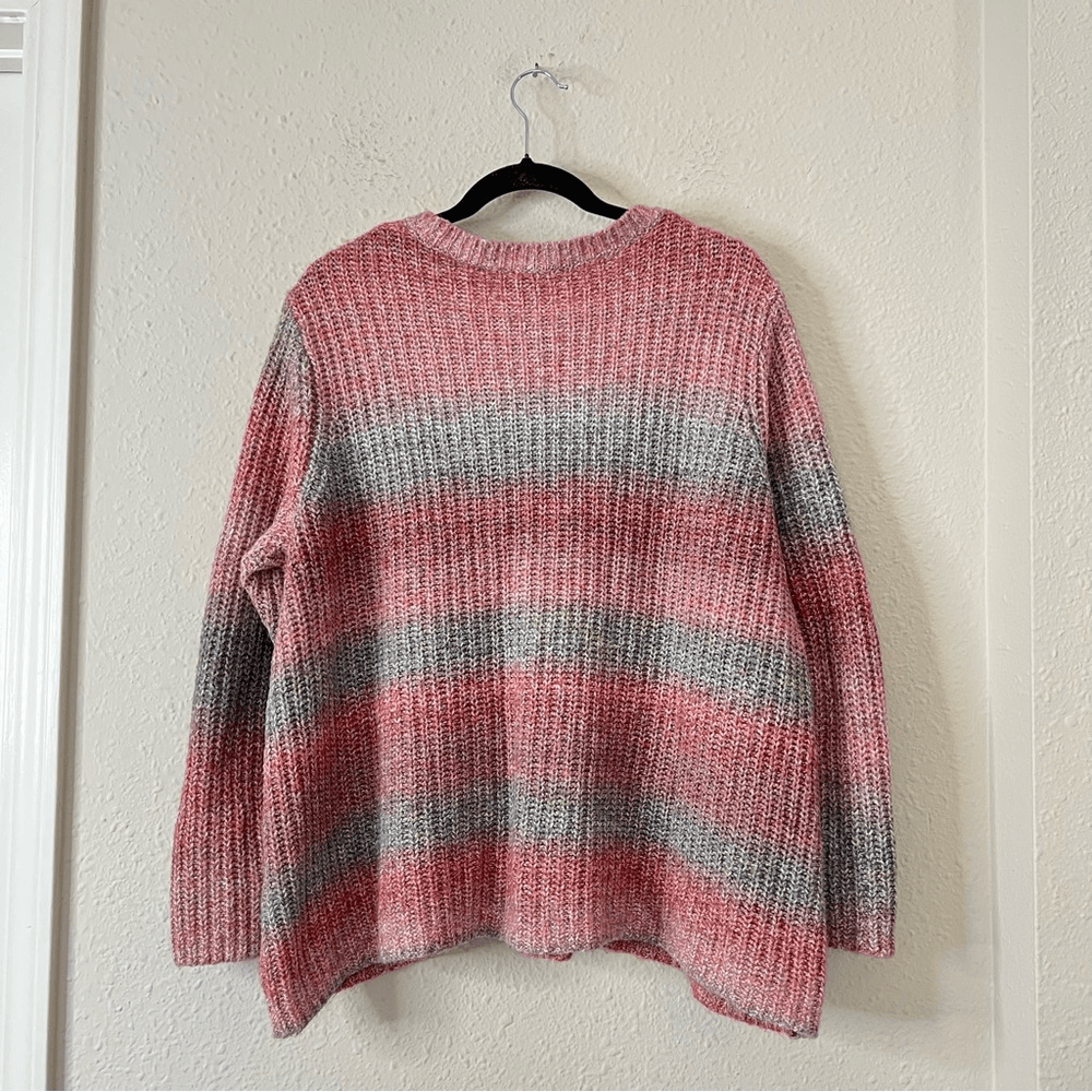 J. Jill Ombre Stripe Crewneck Sweater Wool Blend Size XL Petite Pink Gray Chunky