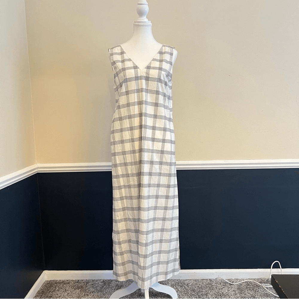 Theory Deep V Linen Blend Spring Plaid Midi Dress Size Medium in Ivory