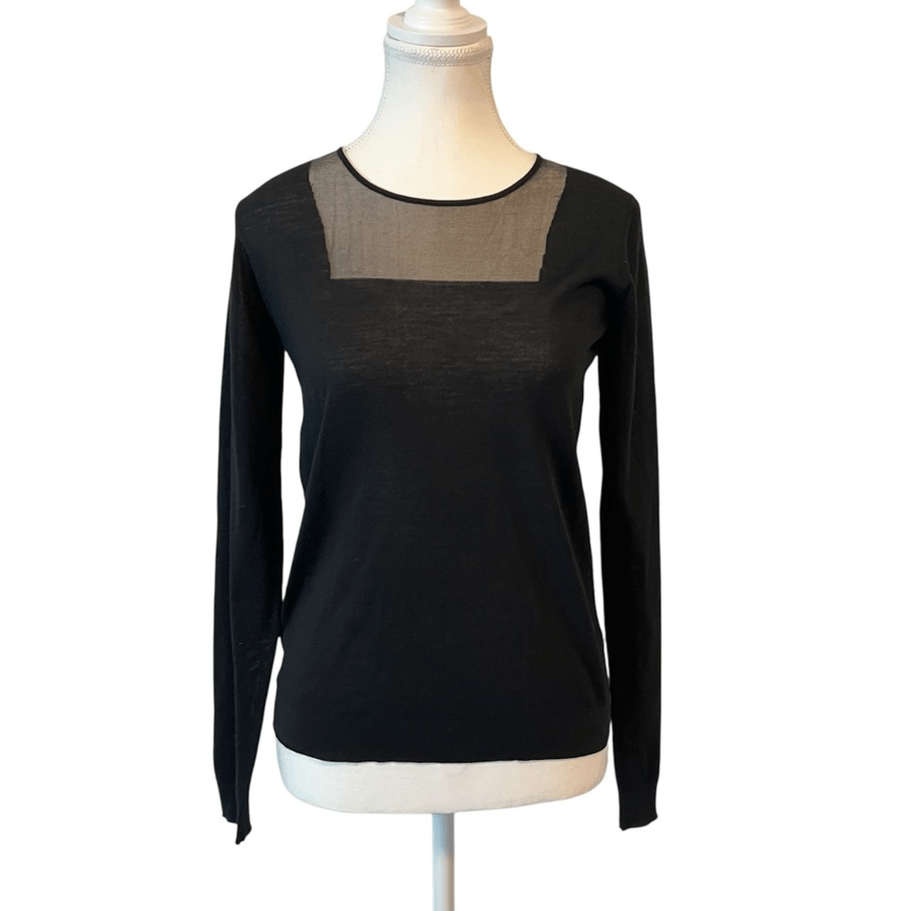 Akris Punto Wool Long Sleeve Knit Top in Black NEW Size 4 Mesh Neckline