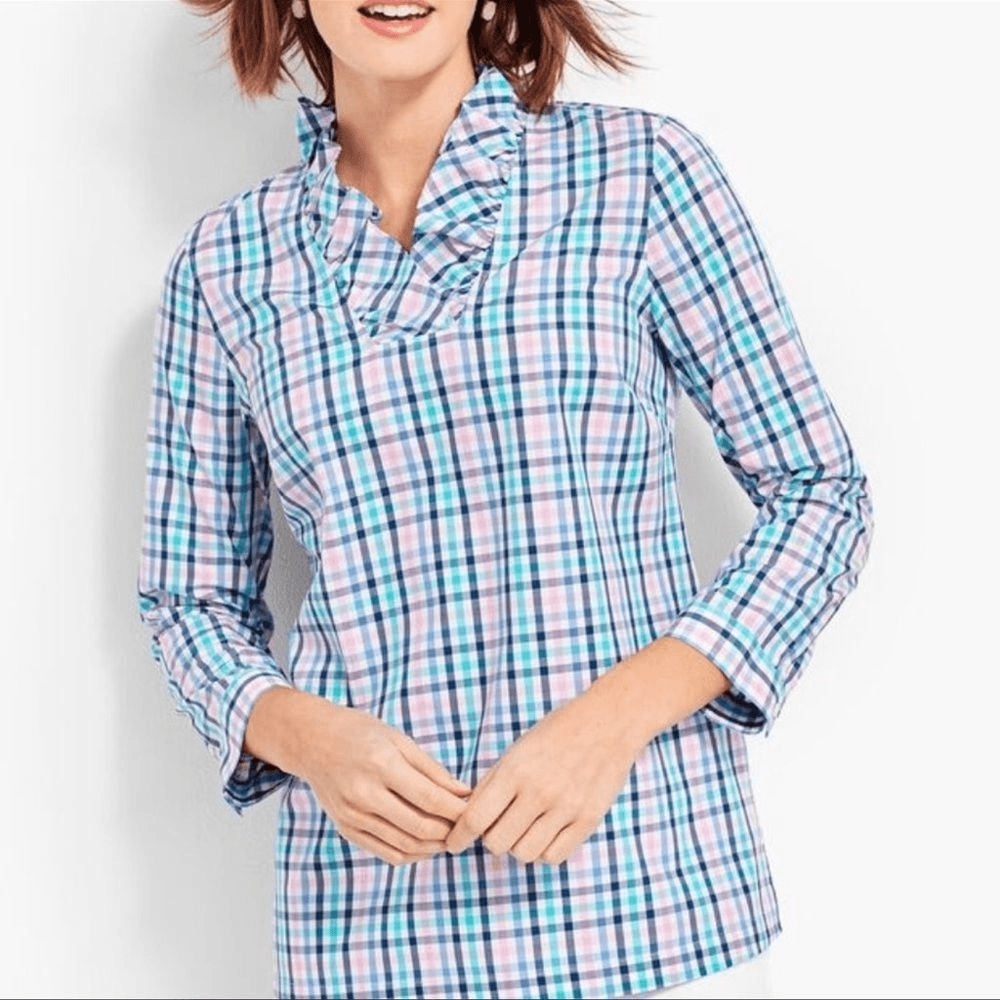 Talbots Ruffle Neck Gingham Shirt Blouse Size 4 Petites
