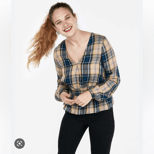 Express Plaid Surplice Peplum Top Blouse NEW Size Medium