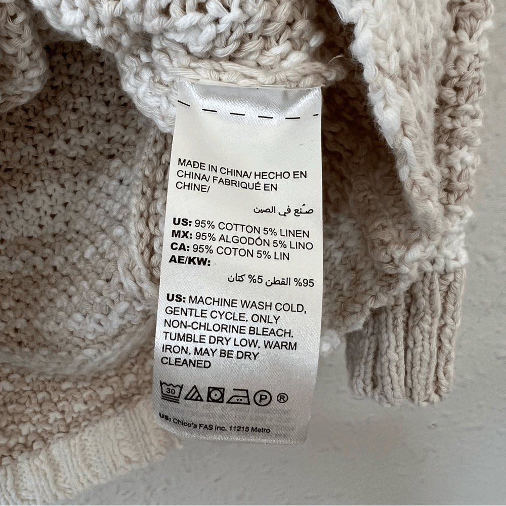 Chico's Striped Linen Blend Textured Chunky Knit Sweater Size Medium 3/4 Sleeve