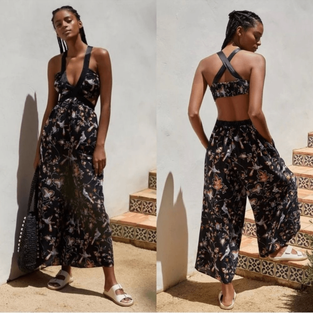 Anthropologie The Brinley V-Neck Floral Black Jumpsuit NEW Size Small